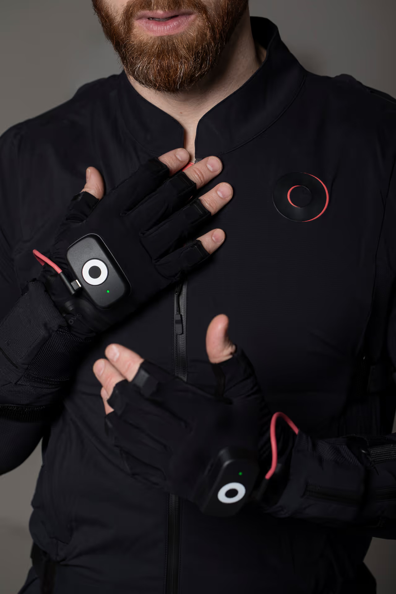 Performer wearing Rokoko motion capture suit and gloves